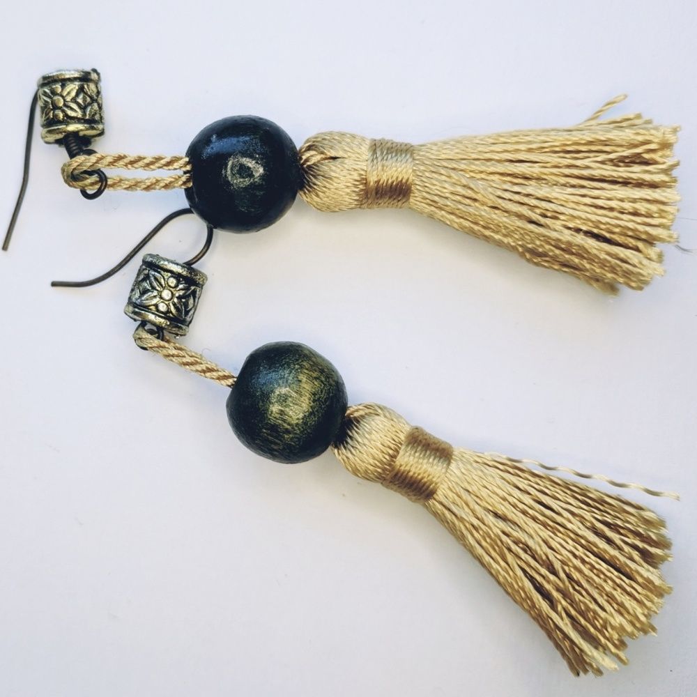 Gold tassel and Green wooden bead boho earrings
